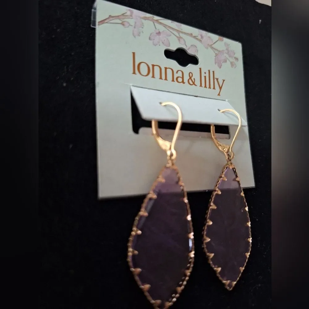 Lonna & Lilly Gold-Tone and Purple Flat Color Stone Teardrop Earrings